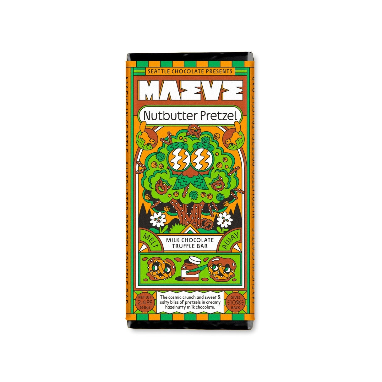 Maeve “Nutbutter Pretzel” chocolate bar in green and yellow illustrated packaging placed flat on a clean surface.