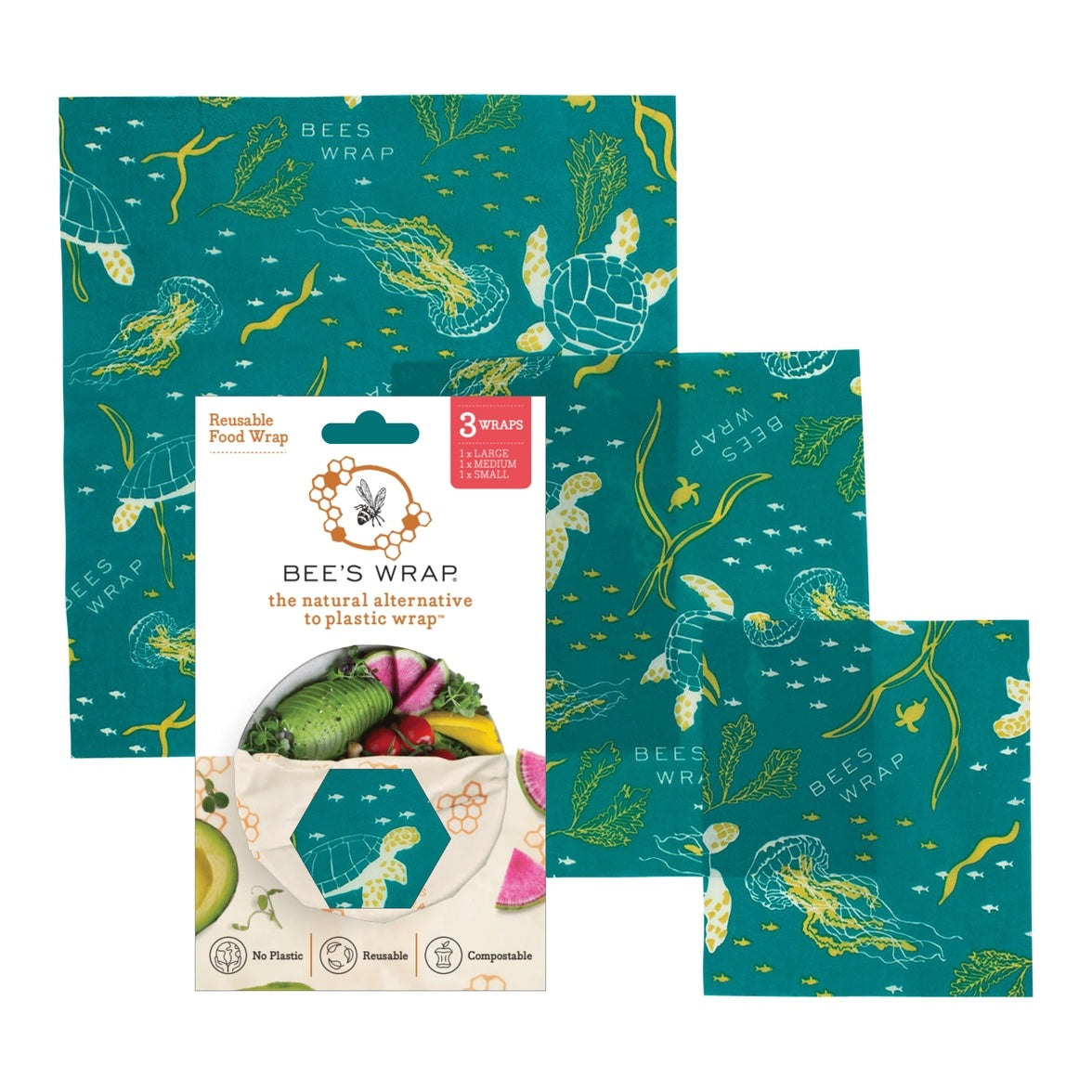 Packaging and three sizes of reusable Bees Wrap with teal marine animal and plant pattern.