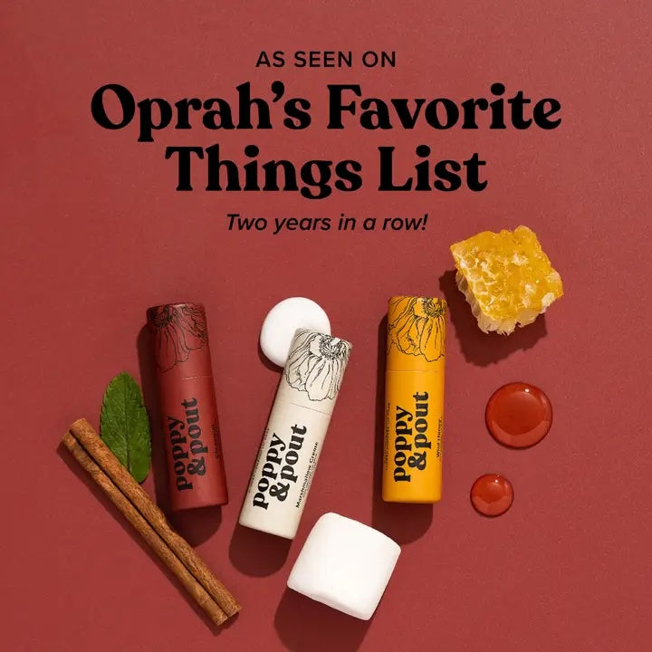 A product shot on a red background features poppy & pout lip care and the text: "AS SEEN ON Oprah's Favorite Things List". Three tubes are shown, including Marshmallow Cream and Wild Honey, along with mint, cinnamon sticks, marshmallows and honeycomb.