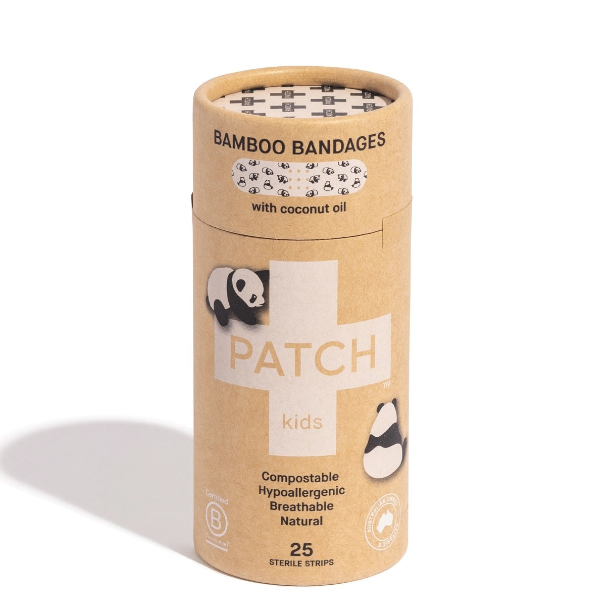Kraft cardboard tube labeled “PATCH” with playful pandas, representing the kids edition biodegradable bandage strips.