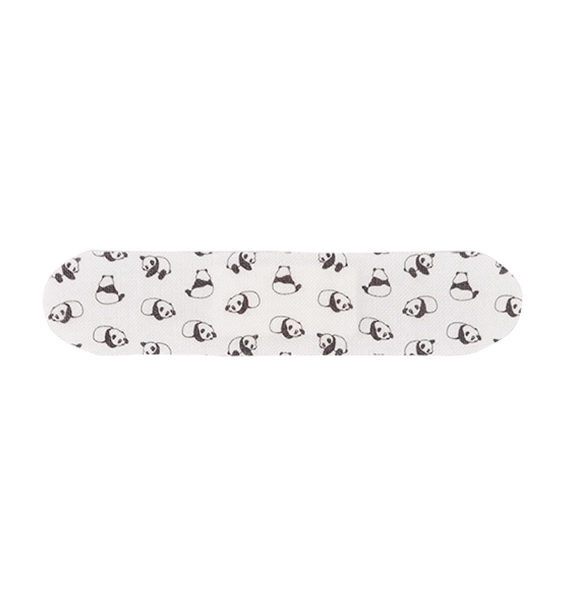 Close-up of a single bamboo-fiber bandage strip whith playful pandas theme laid flat on a white background, displaying its woven texture and gauze center.