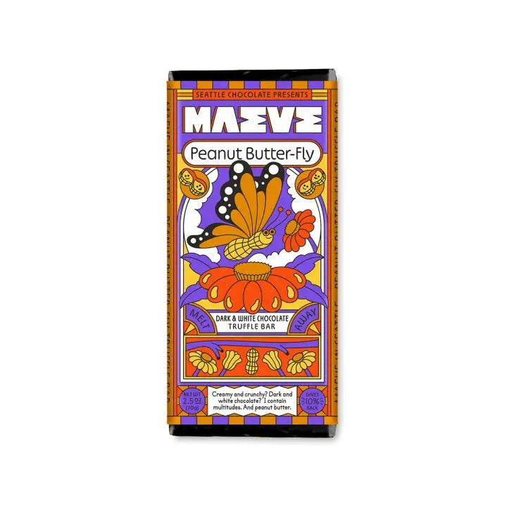 Maeve “Peanut Butter Fly” chocolate bar in orange, purple an yellow packaging.
