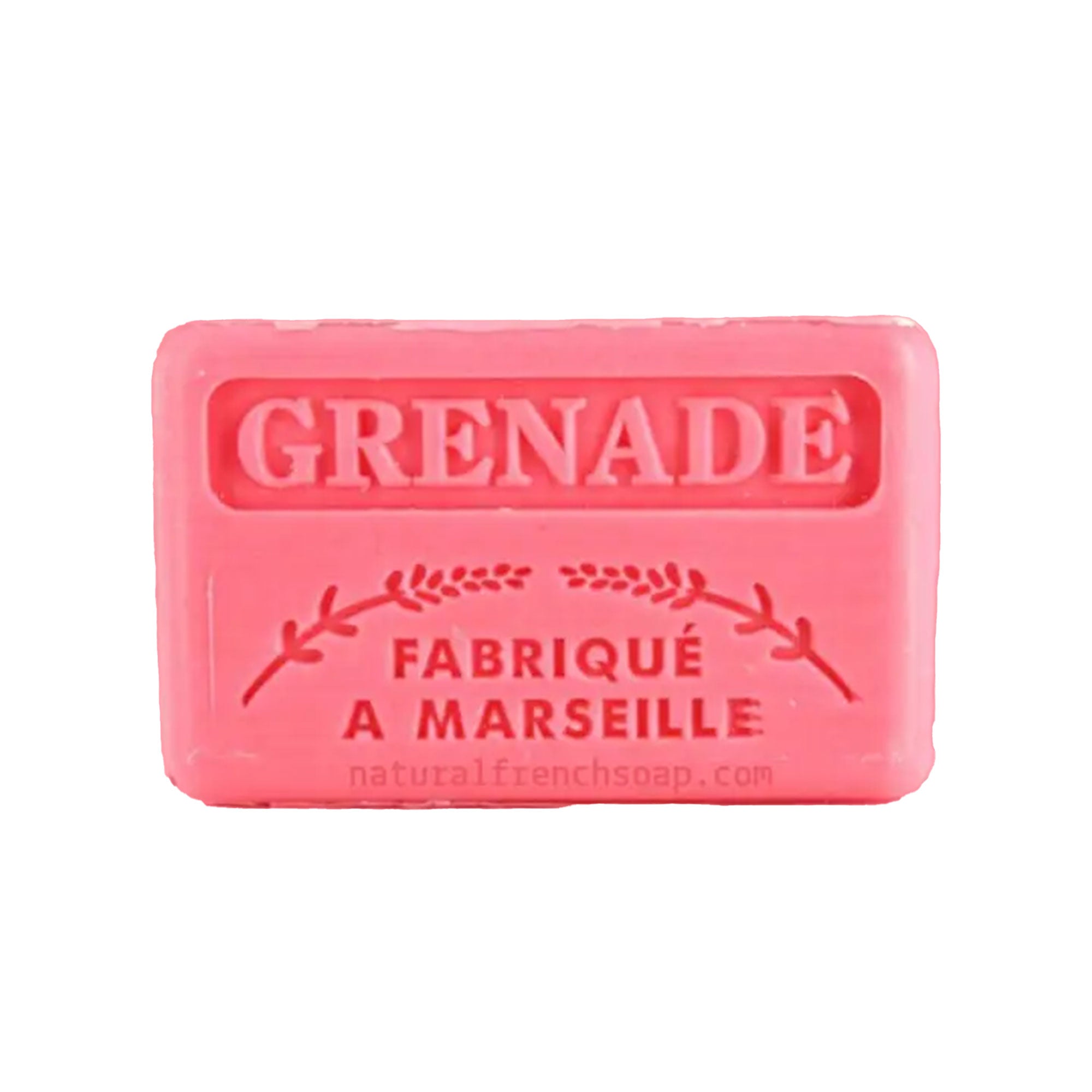 Pink soap bar with 'Grenade' and 'Fabrique a Marseille' text on a white background