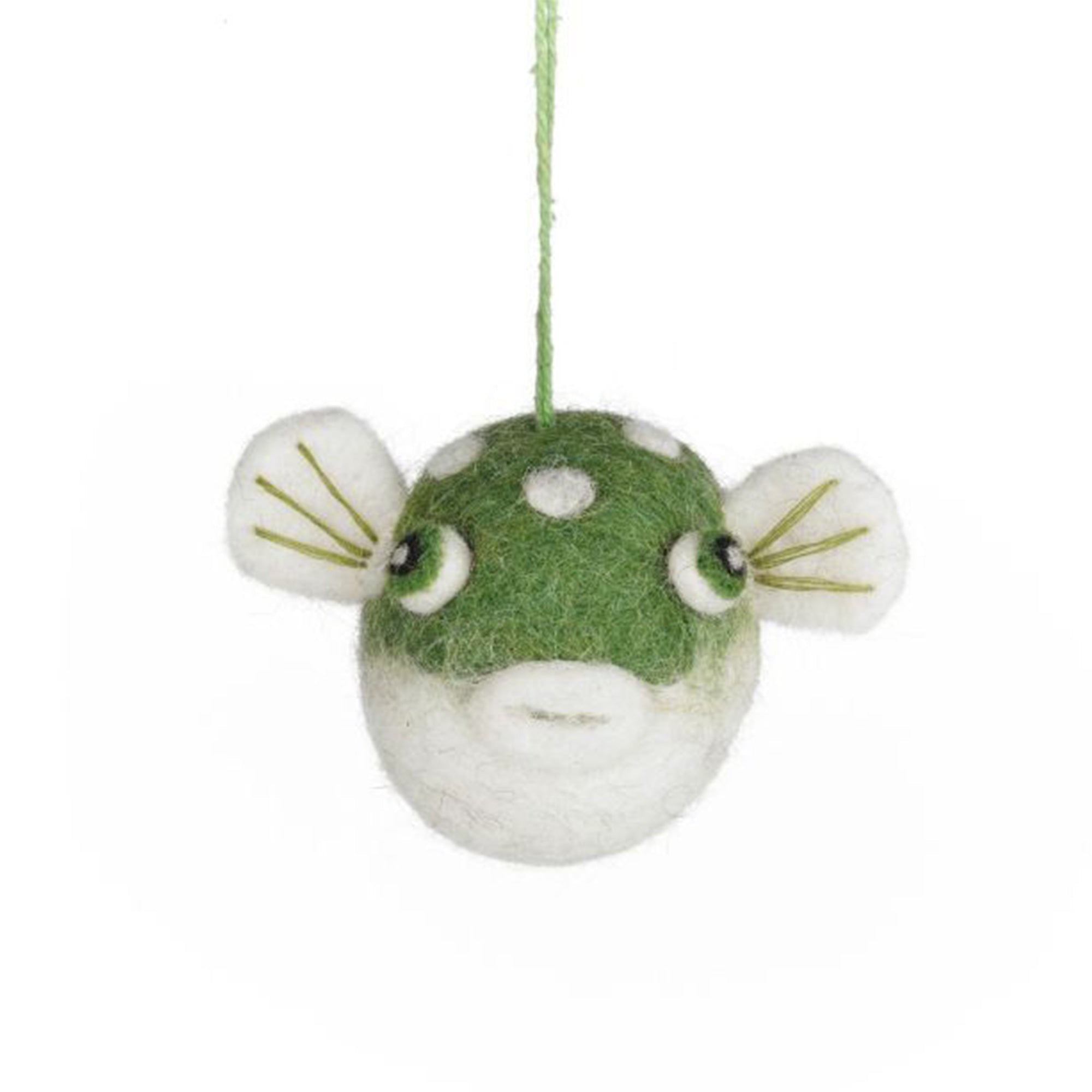 Felted puffer fish ornament with green head and white body on a white background