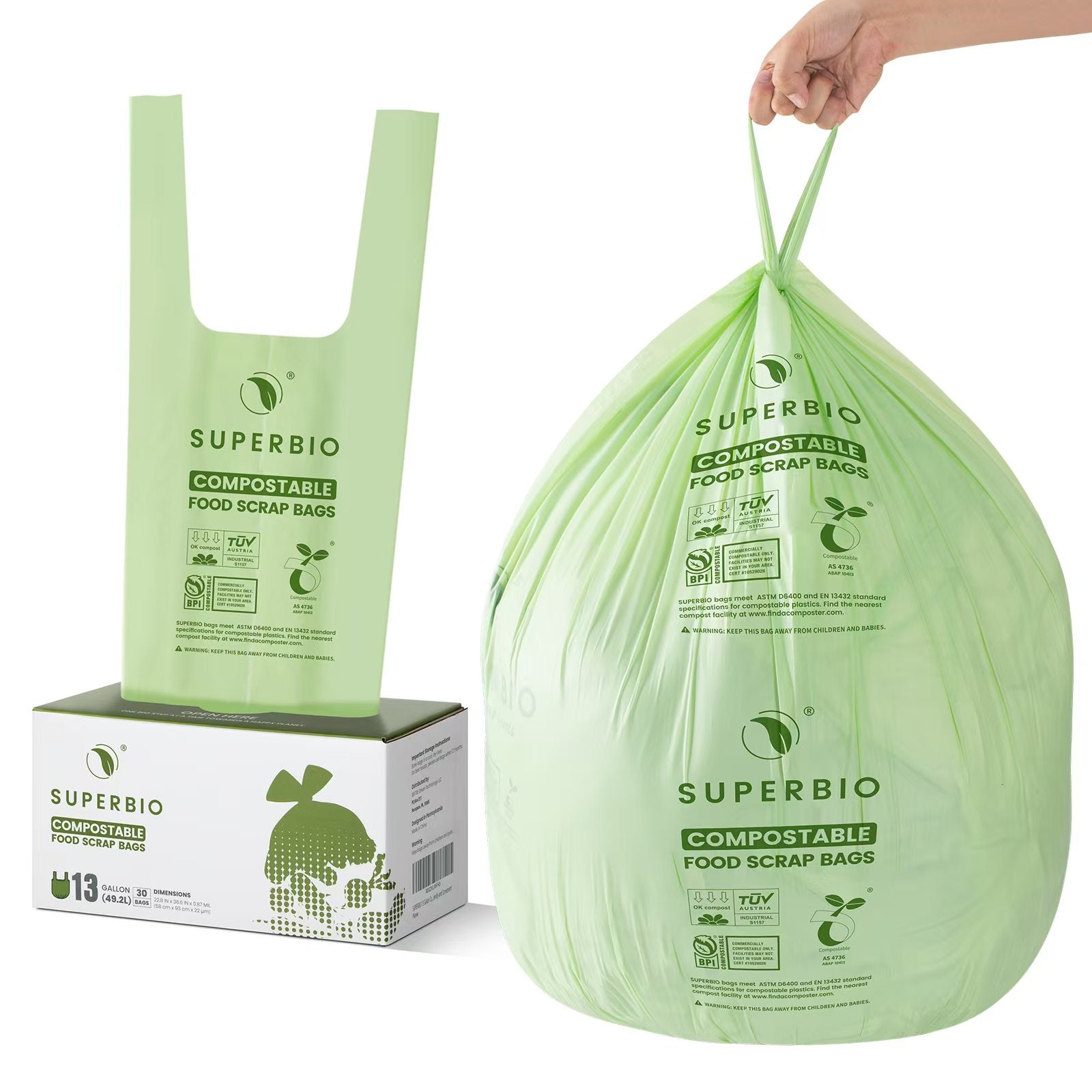 A hand is shown holding a filled, green SUPERBIO compostable bag over a trash can. To the left, a smaller image shows an unrolled bag standing in its cardboard box.
