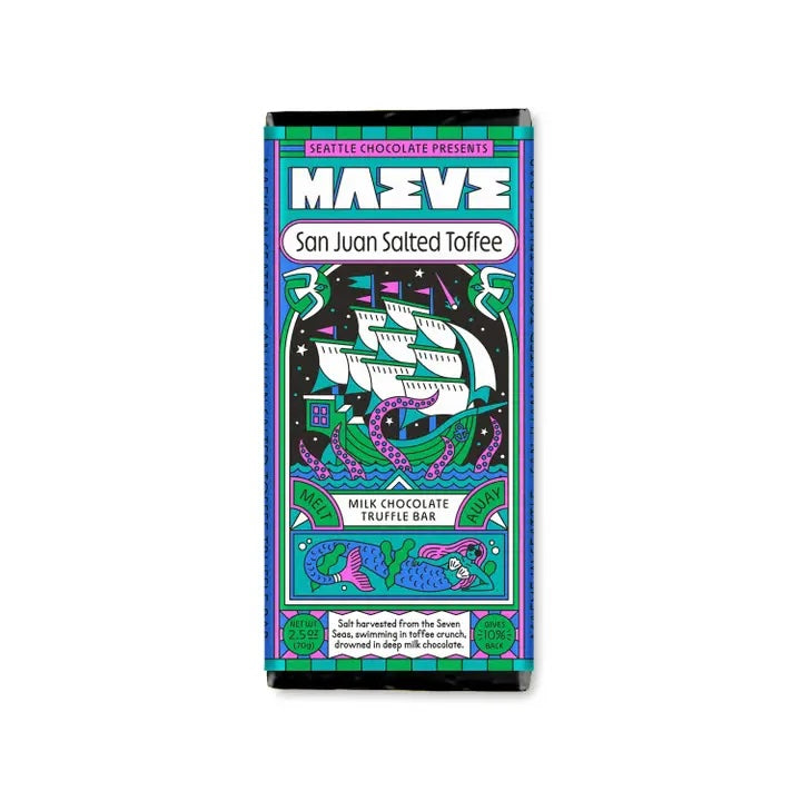 Maeve “San Juan Salted Toffee” chocolate bar wrapped in colorful blue and green packaging whith a boat.