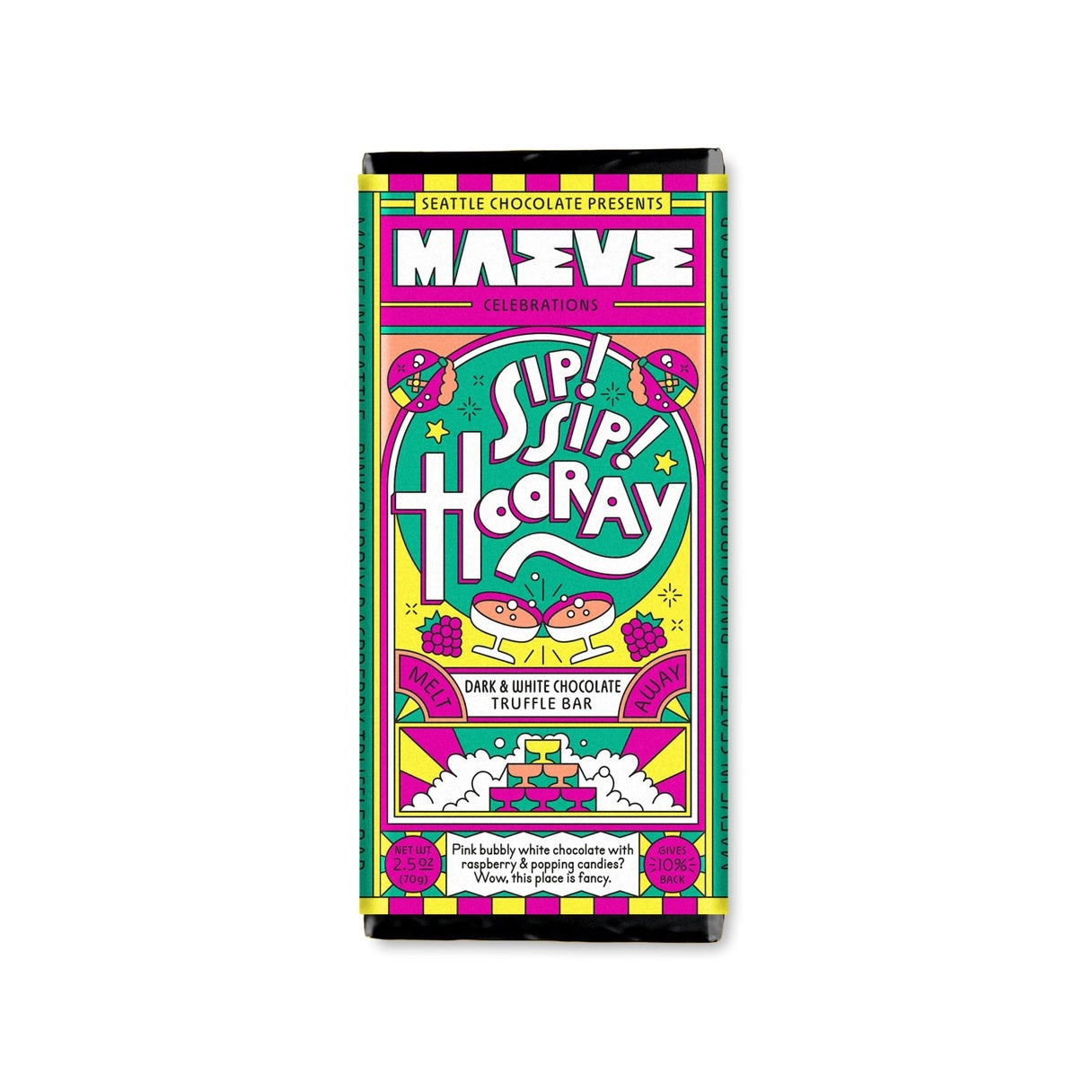 A Maeve “Sip Sip Hooray” chocolate bar lying flat on a white surface, showcasing colorful celebratory sprinkles on the wrapper, emphasizing the festive flavor and packaging.