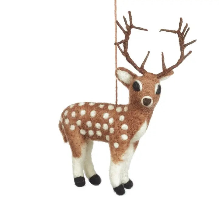 A handmade felt deer hanging ornament with brown antlers and white spots is shown.