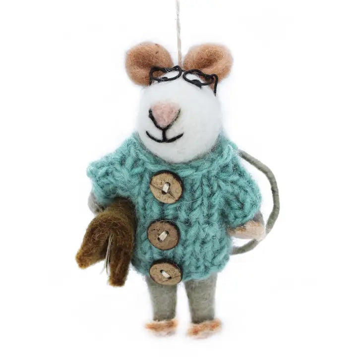 A handmade felt mouse is shown, wearing a blue-green knit sweater with three buttons and black-rimmed glasses. The mouse is also holding a brown book in its hand.