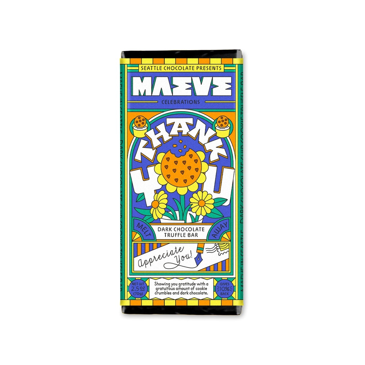 A Maeve "Thank You" truffle chocolate bar in bright packaging, promoting its fair-trade, women-owned brand values and eco-friendly design.