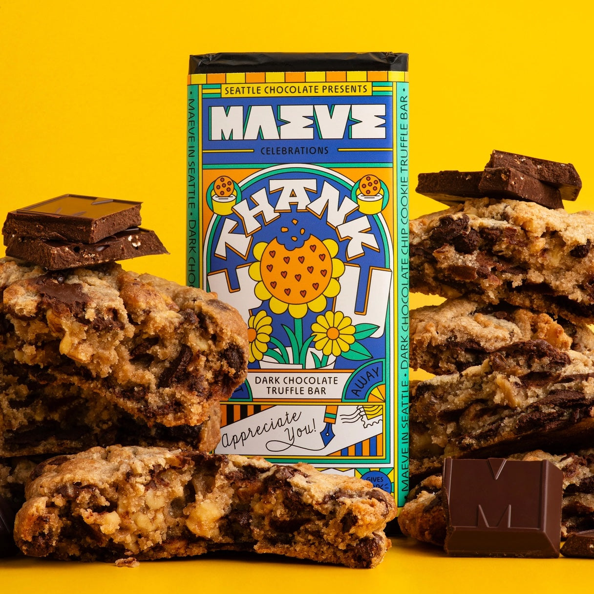 The back of the Maeve "Thank You" truffle bar, showing ingredients and ethical certifications like Non-GMO and Rainforest Alliance Certified.