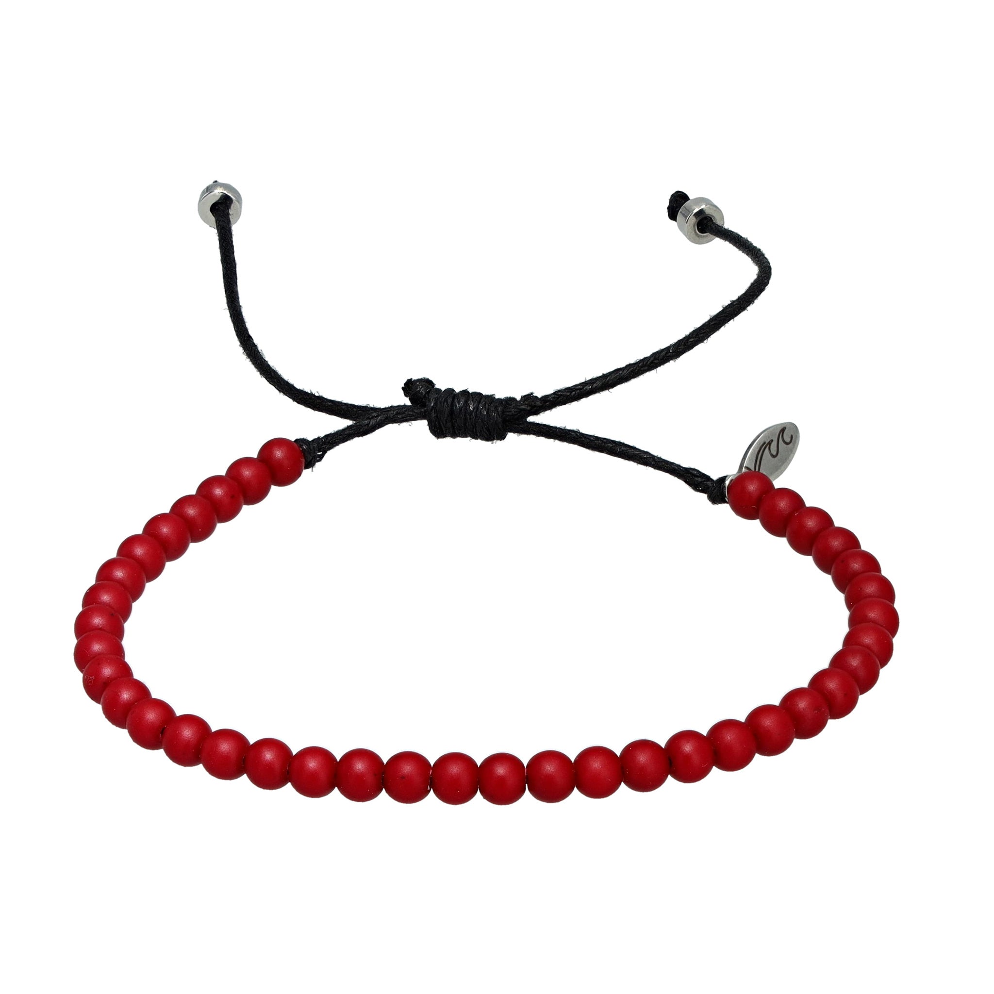 Single recycled ocean plastic bracelet in red, featuring a sleek stainless steel charm and adjustable cotton cord. Handmade in Bali to support clean waterways.