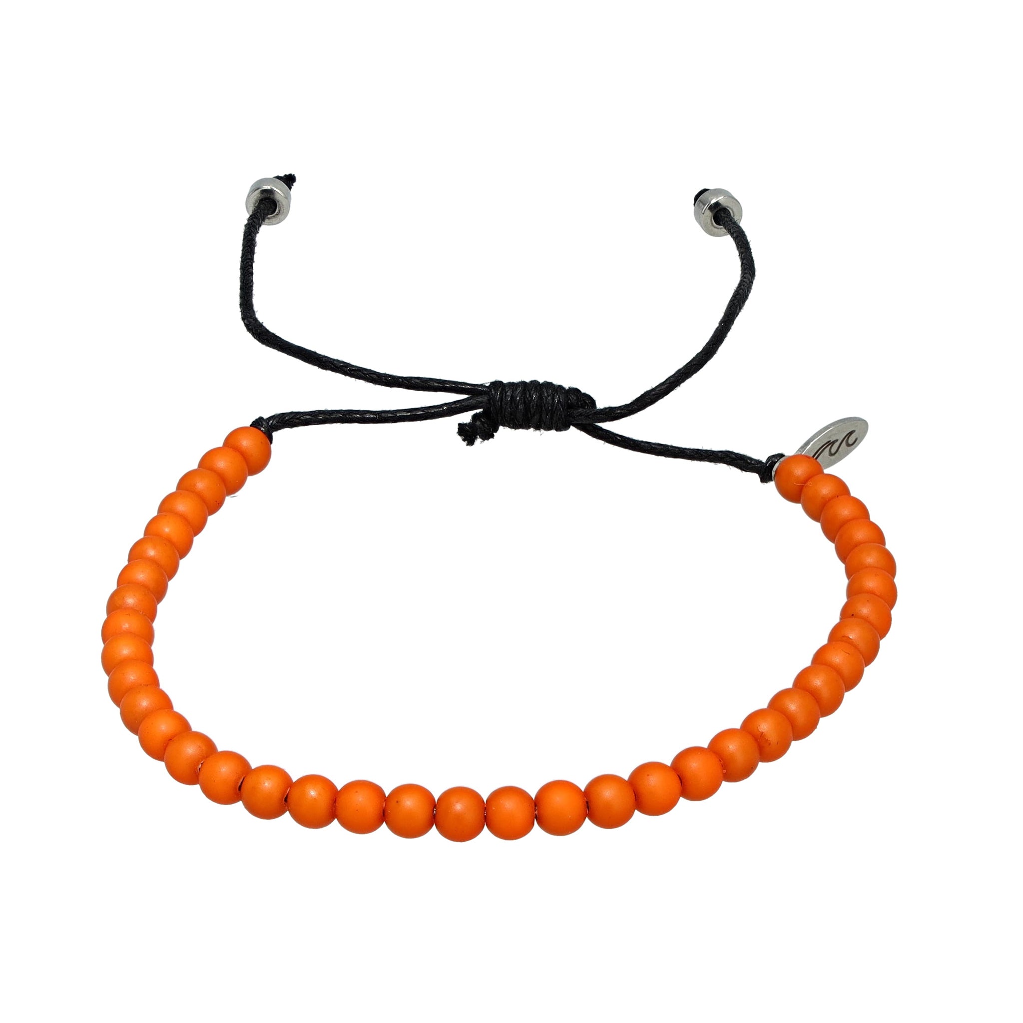 Tangerine orange bracelet made from recycled ocean plastic, featuring a recycled steel charm and eco-conscious cotton cord. Water-friendly and artisan-made in Bali.