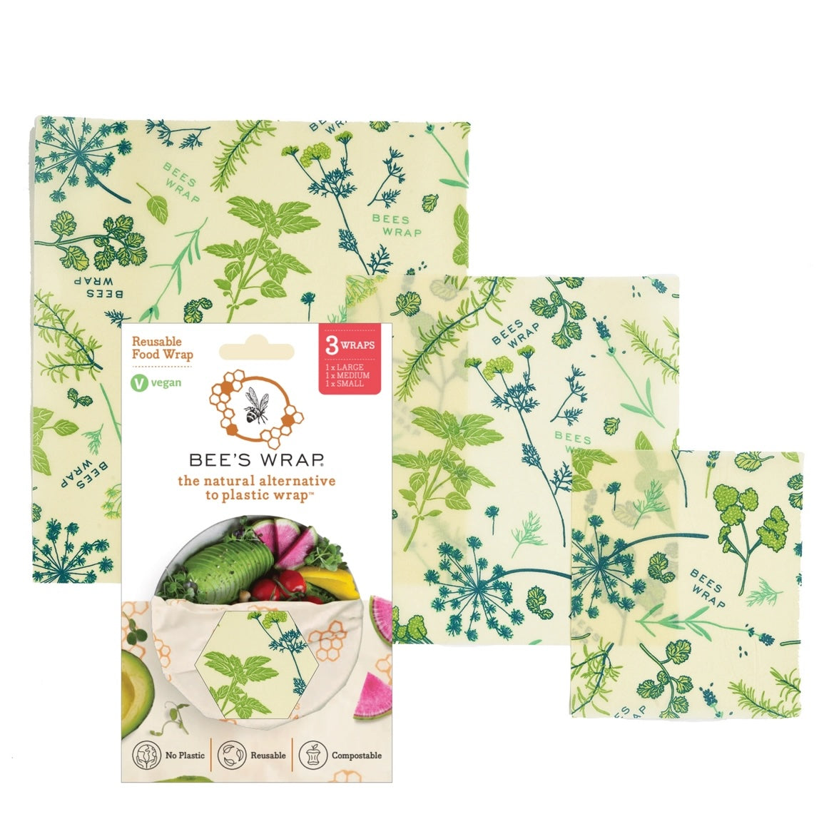 Bee’s Wrap reusable food wrap set in cream with green botanical print, includes three sizes: small, medium, and large.