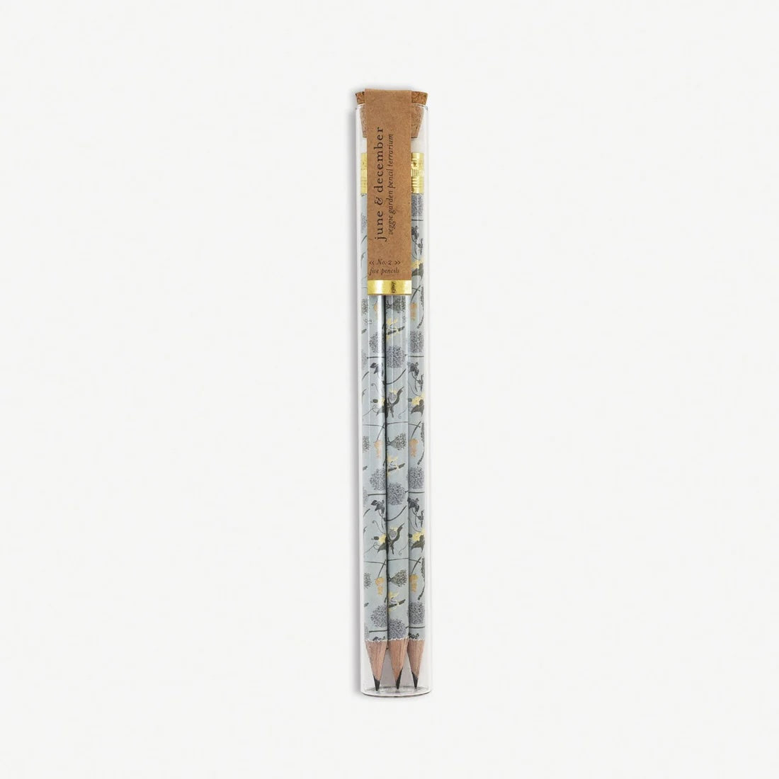 Cylinder container holding five eco-friendly pencils with blue-toned leaf patterns, designed with sustainable packaging that doubles as a terrarium.