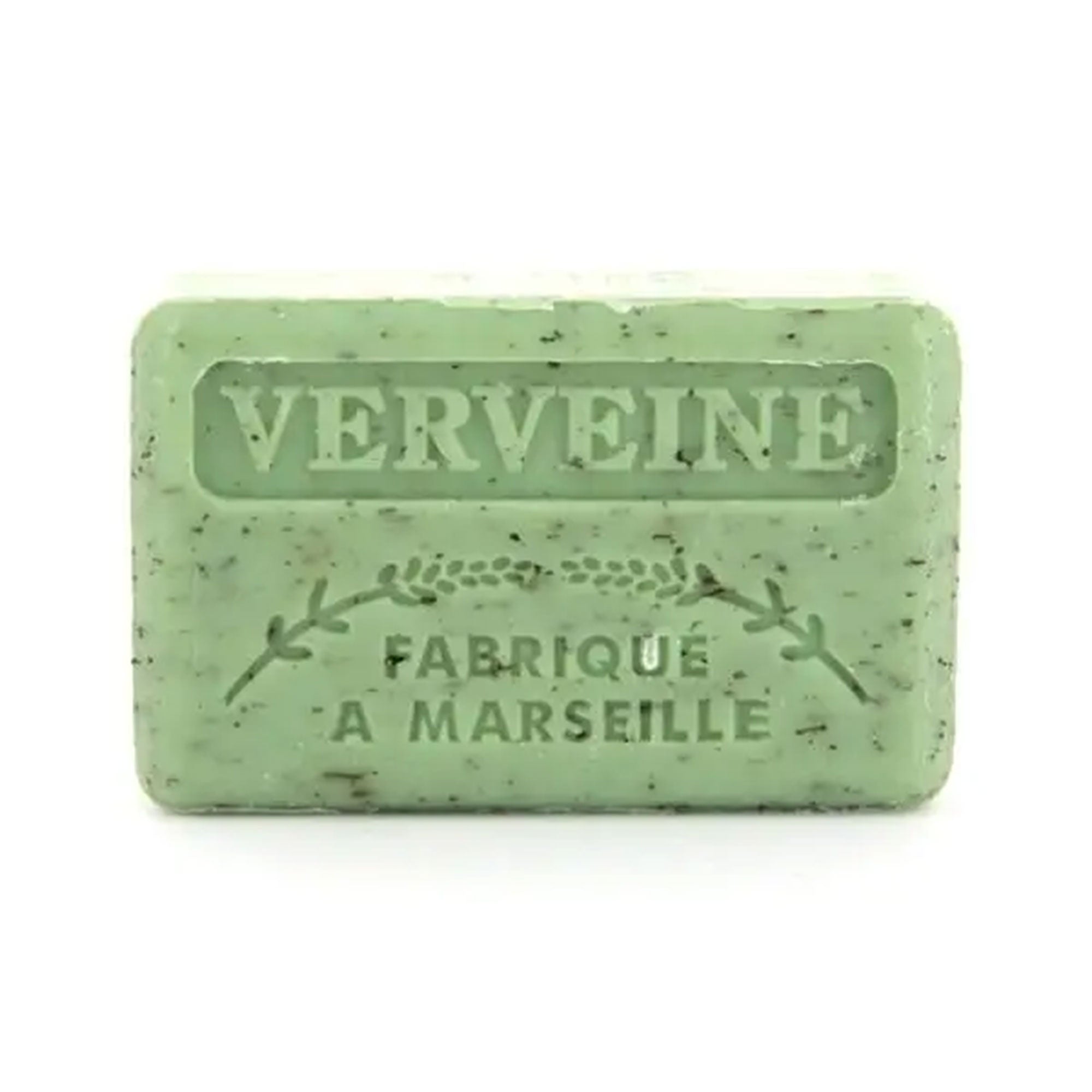 Green french soap bar with 'VERVEINE' and 'Fabrique a Marseille' text on a white background