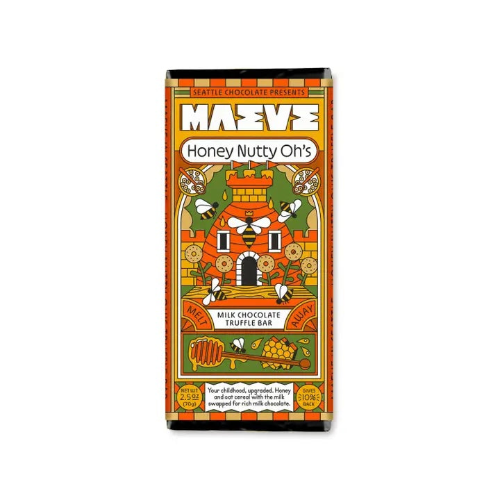 Maeve “You Are Sunshine” chocolate bar wrapped in bright yellow and orange plastic-free packaging, crafted with ethical ingredients supporting sustainable chocolate production.