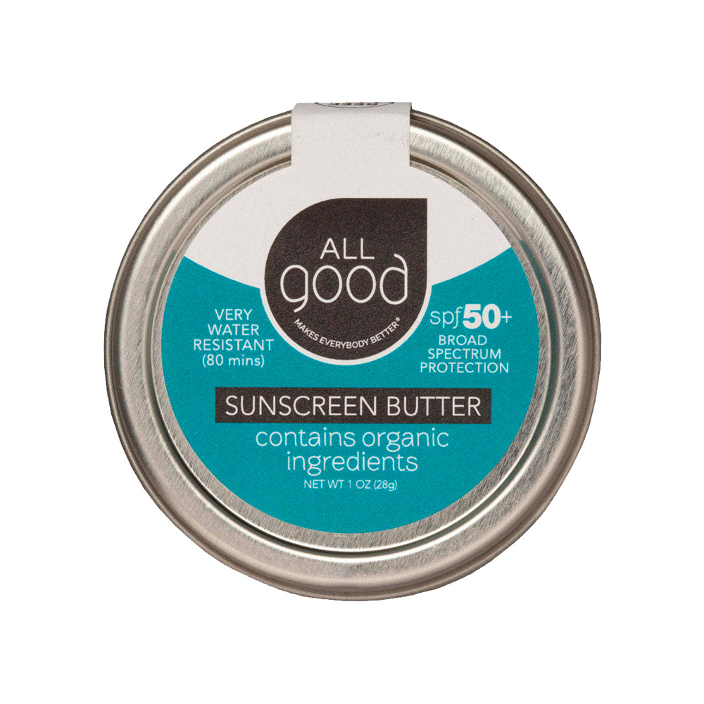 A round tin of All Good Sunscreen Butter SPF 50+. The label states it is very water resistant and contains organic ingredients for broad spectrum protection.