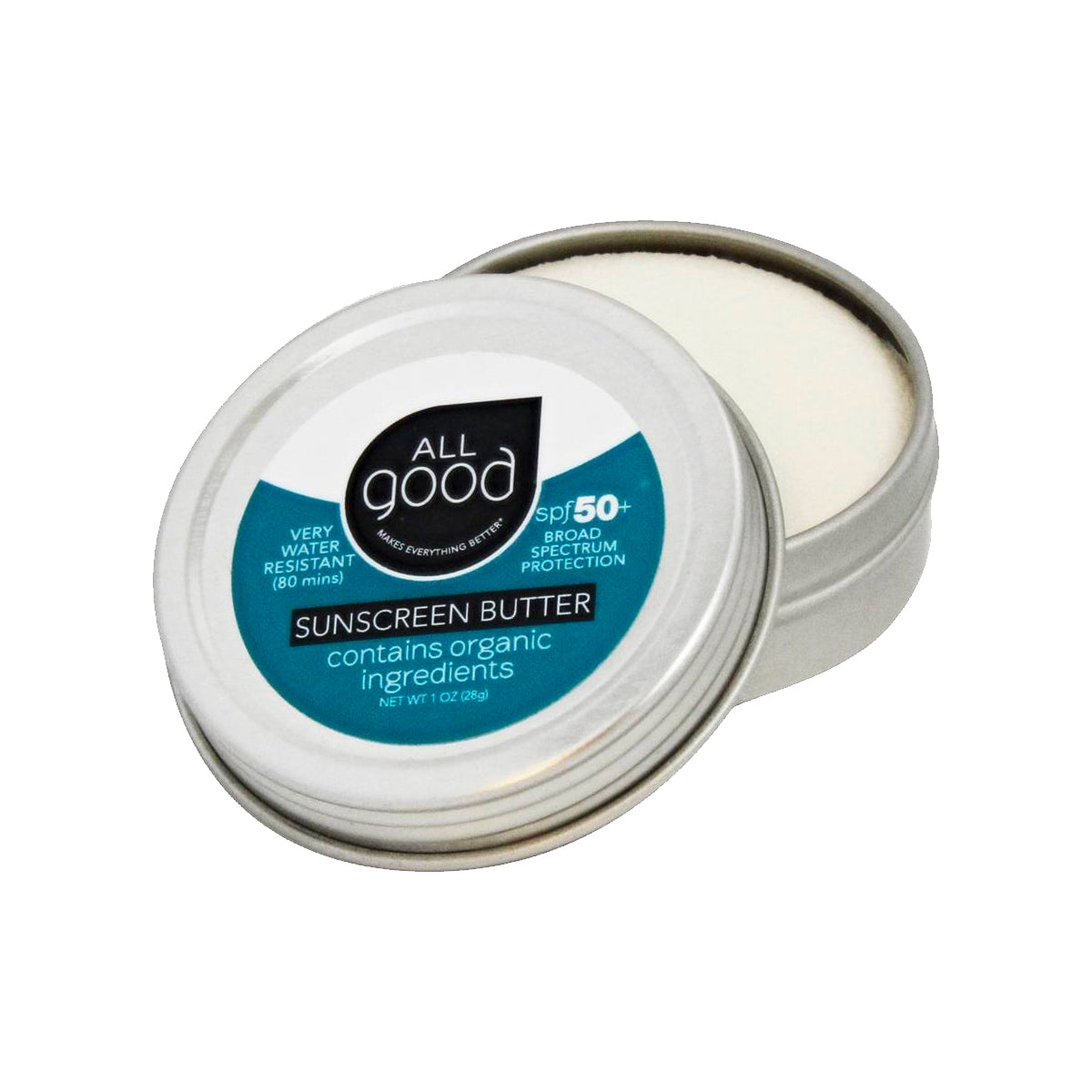 A round tin of All Good Sunscreen Butter SPF 50+ is open. The lid is propped up and the white sunscreen is visible inside.