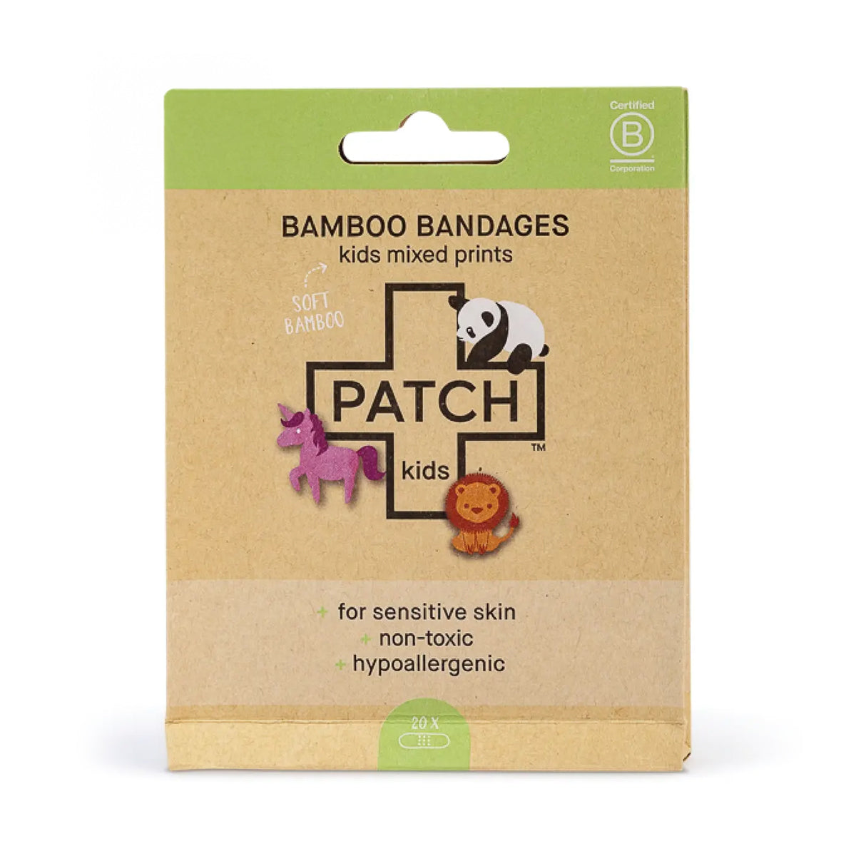 Package of PATCH bamboo bandages for kids with mixed prints, featuring soft, hypoallergenic, non-toxic bandages. The packaging highlights fun animal designs and is labeled for sensitive skin.