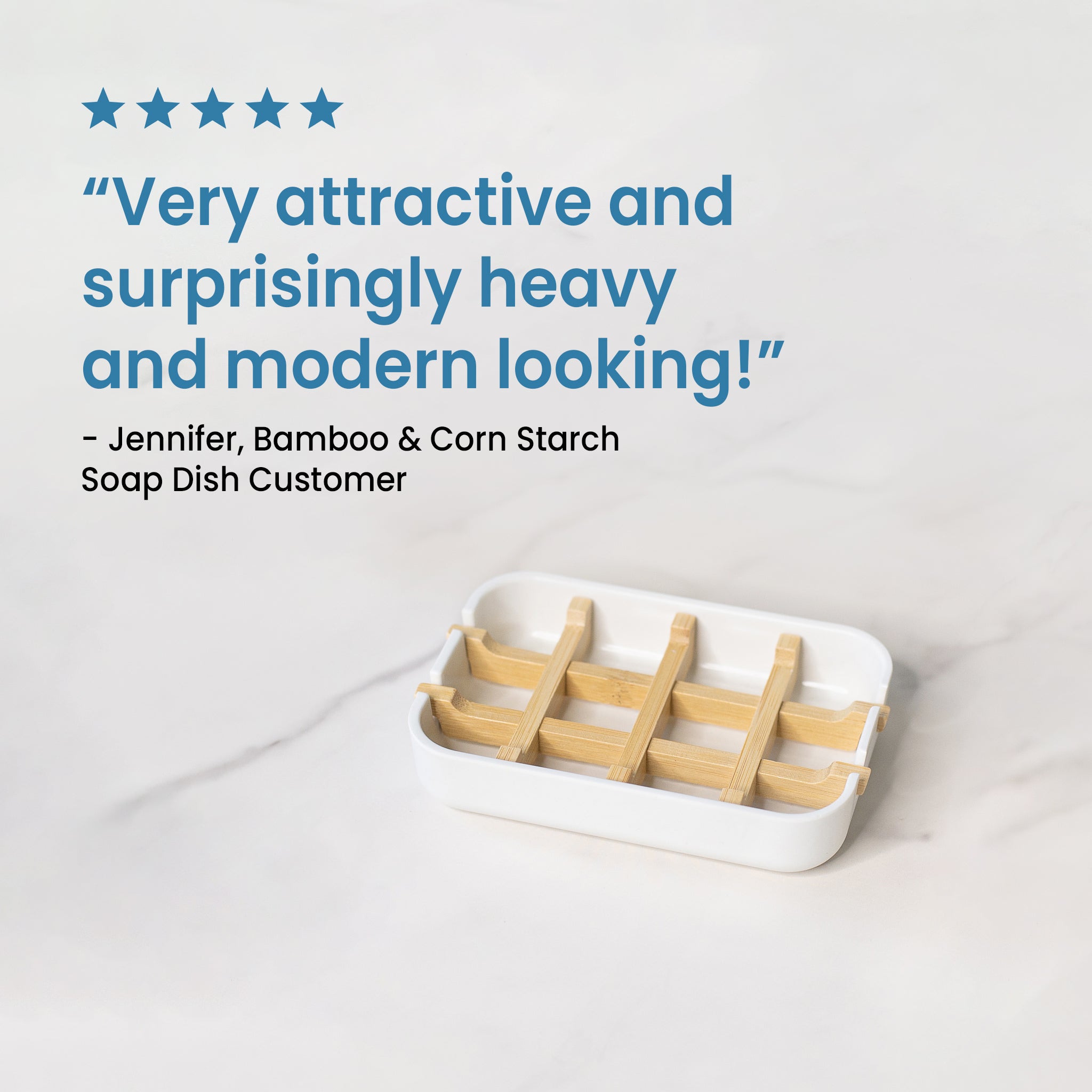 A customer review with a 5-star rating reads, "Very attractive and surprisingly heavy and modern looking!". Below it sits a white soap dish with a bamboo slatted insert.