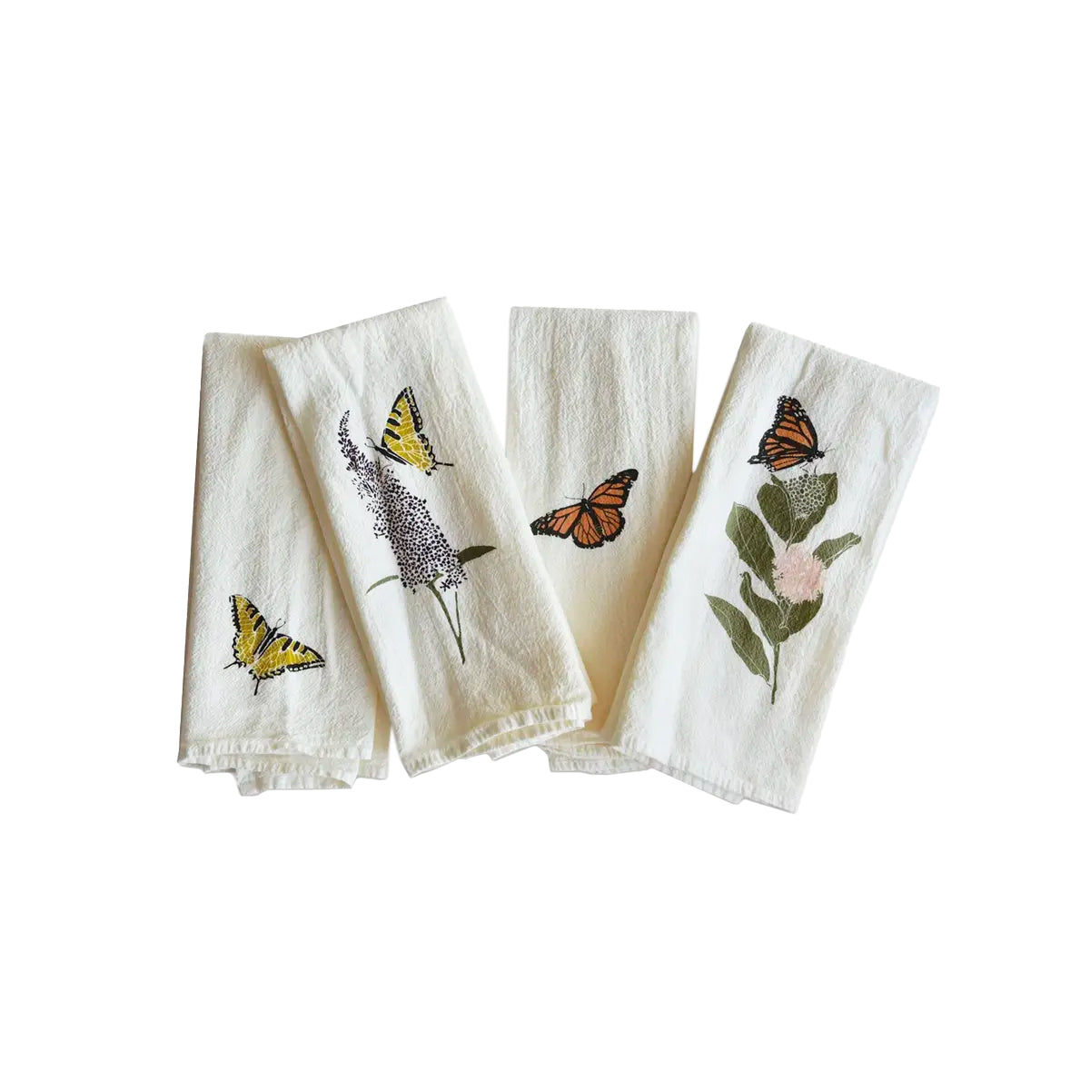 A sweet set of four white napkins is shown folded, each with a different butterfly and floral design. The towels feature playful yellow swallowtail butterflies and classic orange monarch butterflies with colorful flowers and leaves.