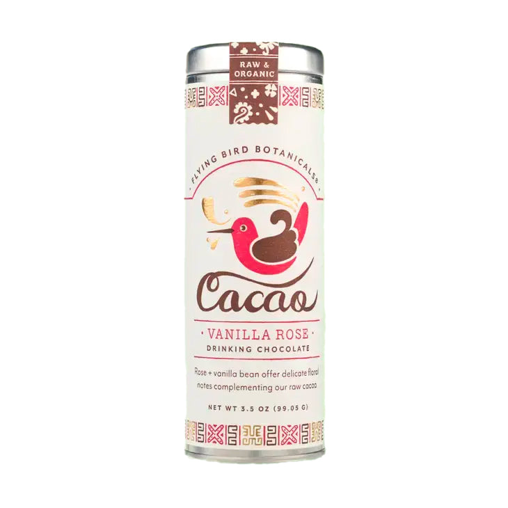 Vanilla Rose Cacao tin, crafted with raw organic cacao, sun-dried cane crystals, and pure vanilla bean. A fair trade, vegan indulgence made without dairy or preservatives.