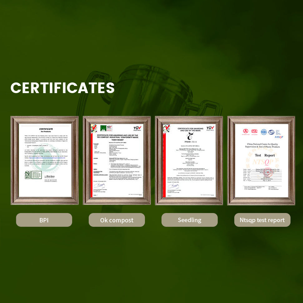 This image is a display of certificates for the SUPERBIO compostable bags. The four framed documents are labeled as: BPI, Ok compost, Seedling, and Ntsqp test report.