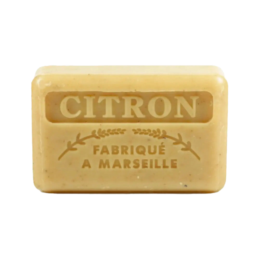 A citron-colored French soap bar with embossed text reading "Citron" and "Fabriqué a Marseille" on a white background.