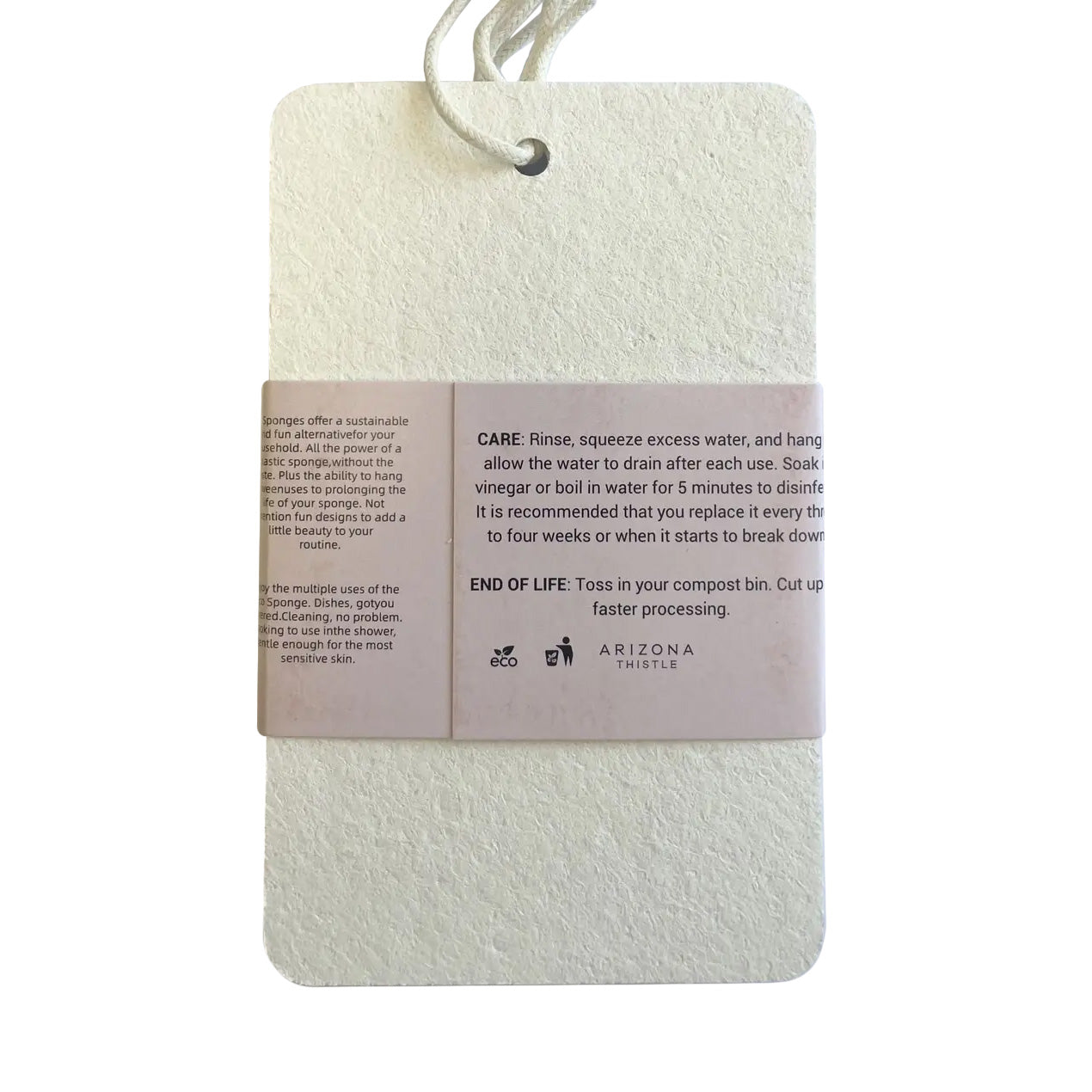 Pack of three compostable eco sponges with the recyclable paper sleeve label visible from the back, made in the USA and dishwasher safe.