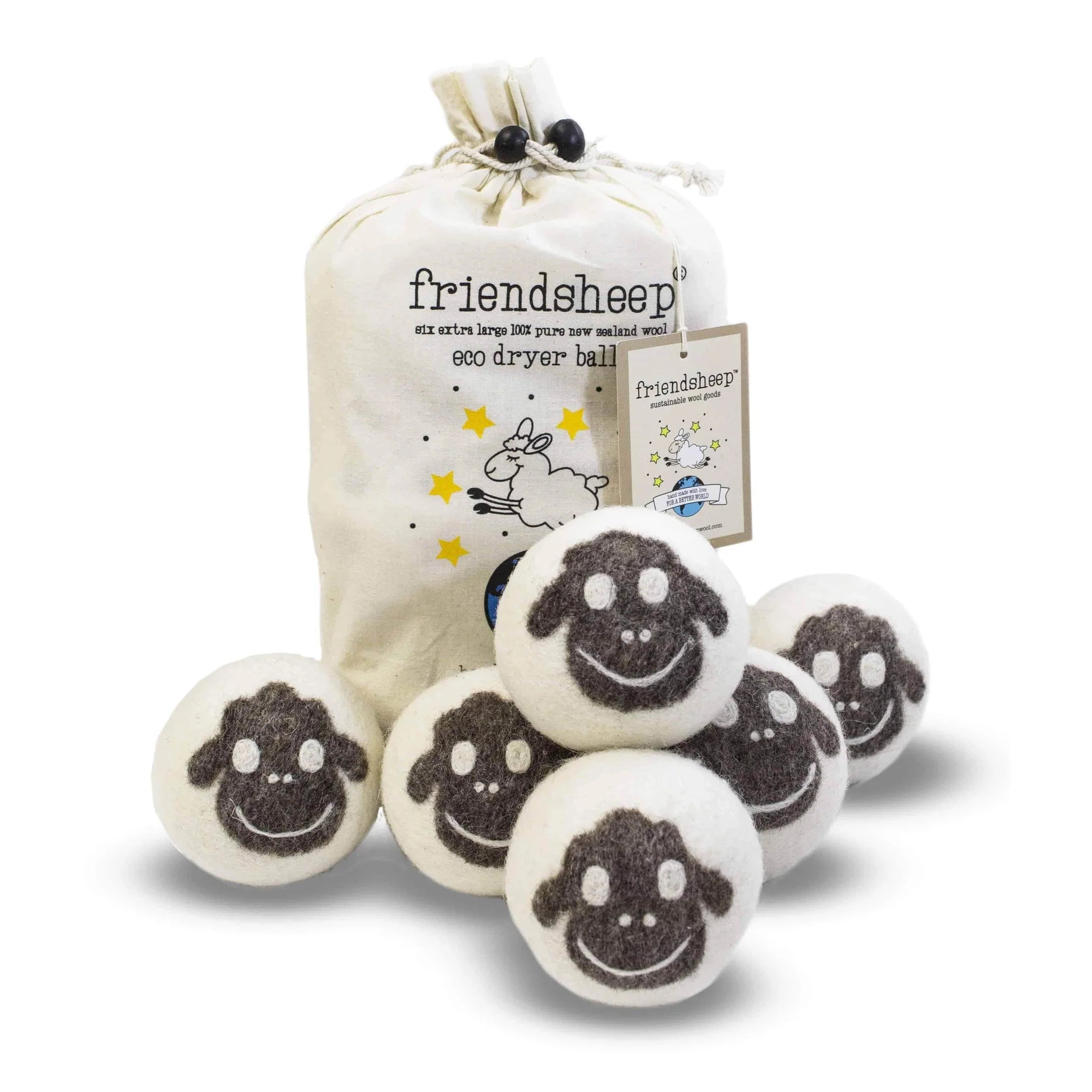 Six black sheep-designed wool dryer balls with a natural cotton drawstring bag on a neutral background. Made from 100% organic New Zealand wool to naturally soften clothes and reduce drying time.