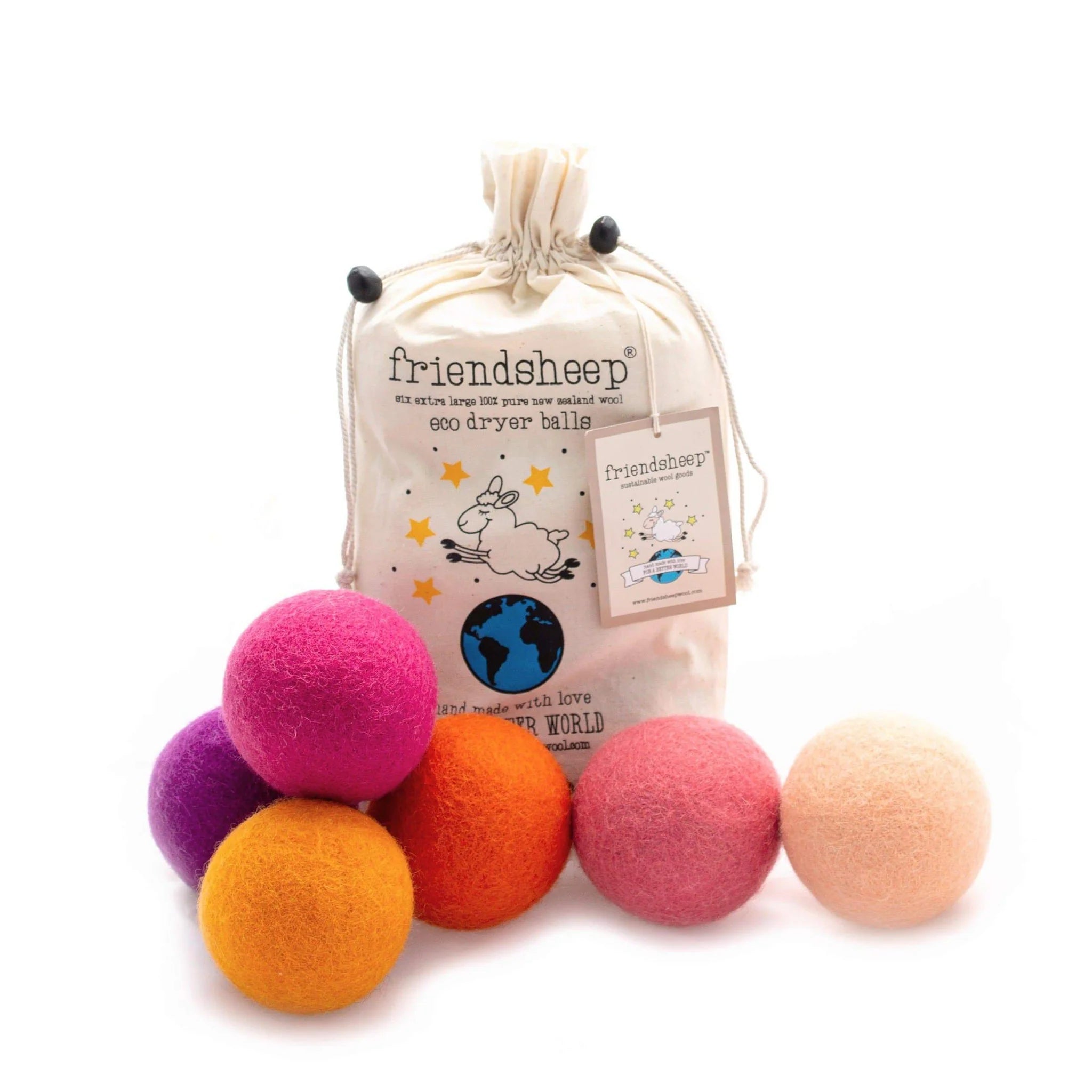 Set of six wool dryer balls in purple, orange, pink, light orange, rose pink, and melon orange with a cotton drawstring bag.