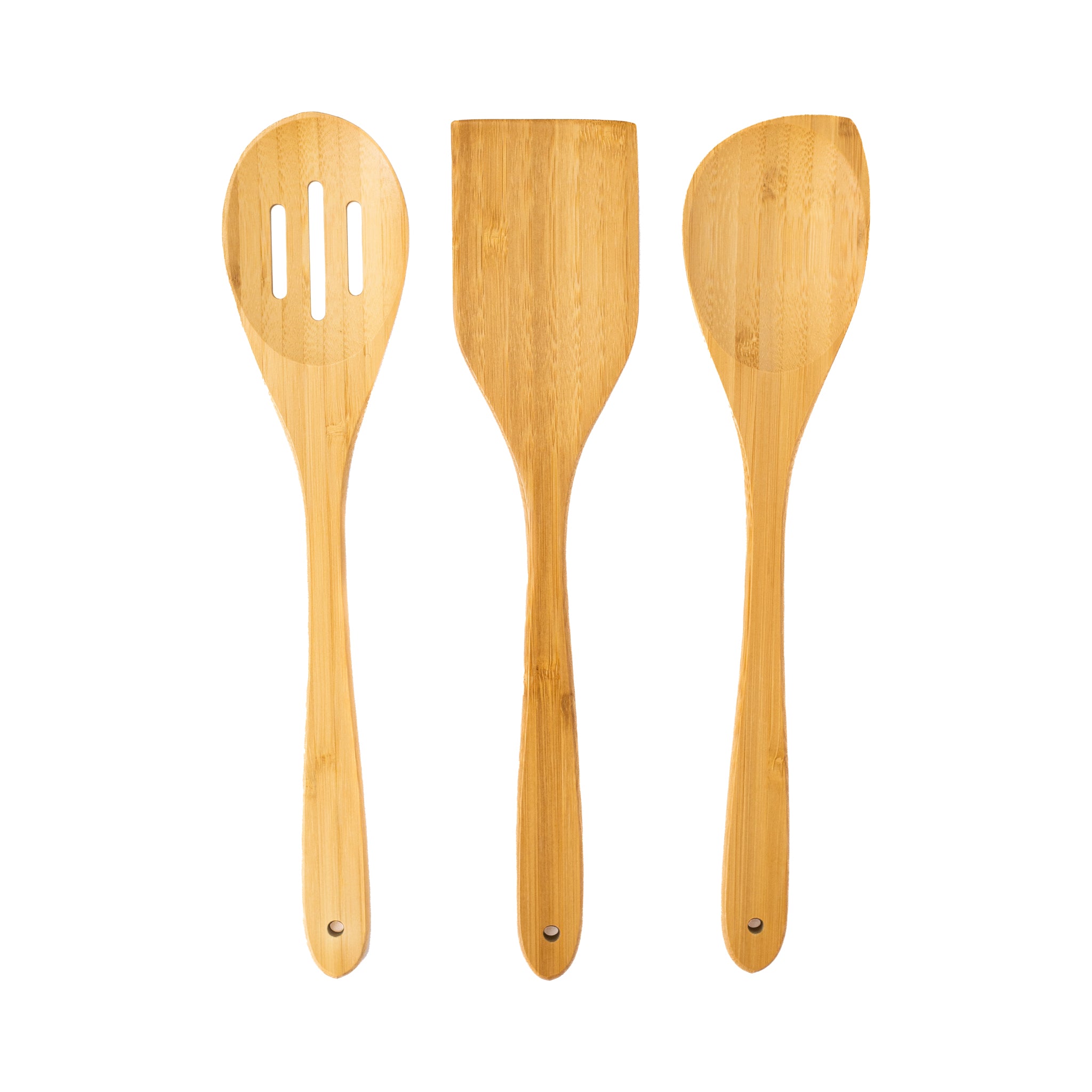 Set of three USDA-certified organic bamboo cooking utensils—a spoon, spatula, and slotted spoon—laid flat on a white background. Made with food-safe oil finish, lightweight, stain-resistant, and antimicrobial.