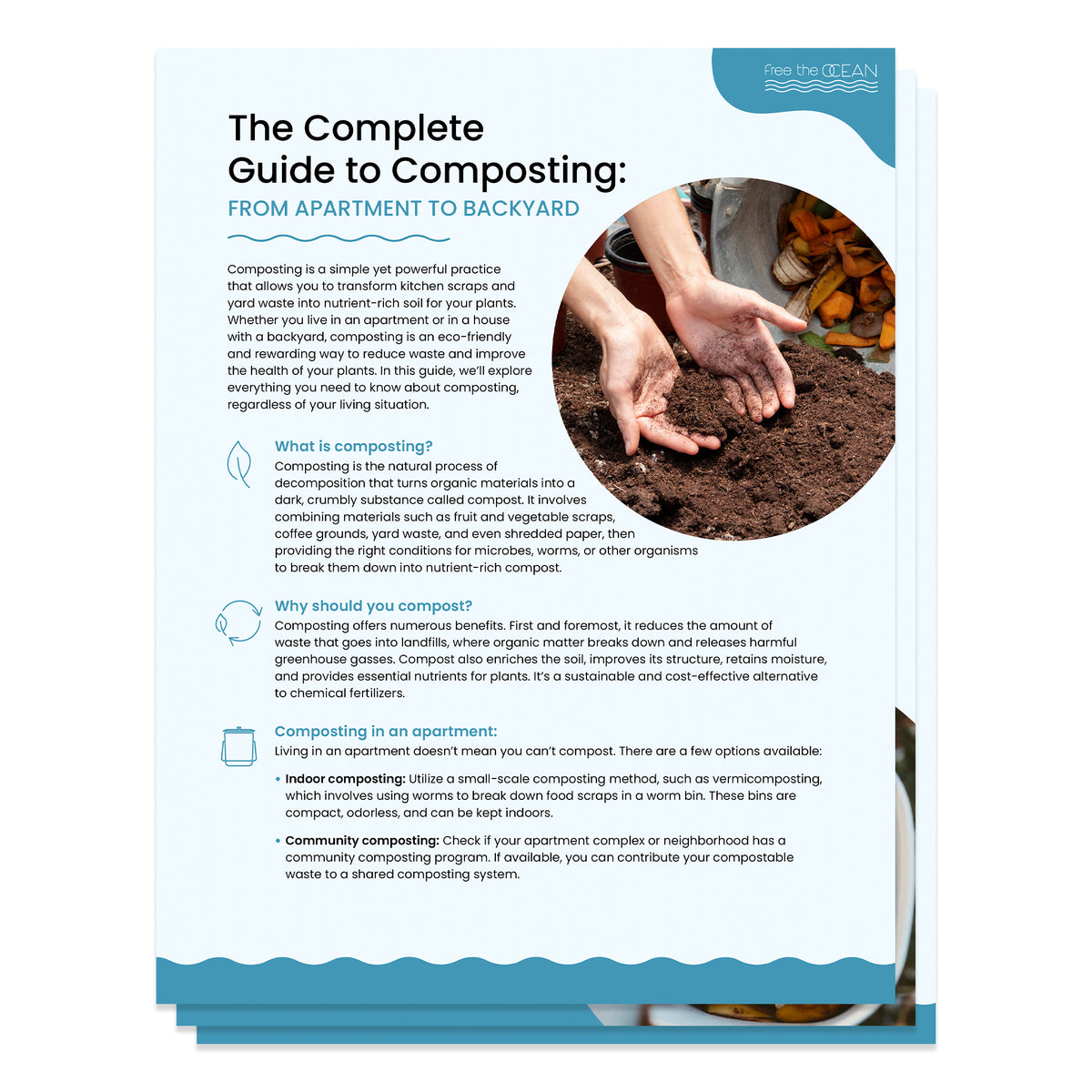 A page titled 'The Complete Guide to Composting: FROM APARTMENT TO BACKYARD' shows a person's hands holding a pile of compost. The document includes sections on what composting is why you should do it and how to compost in an apartment.