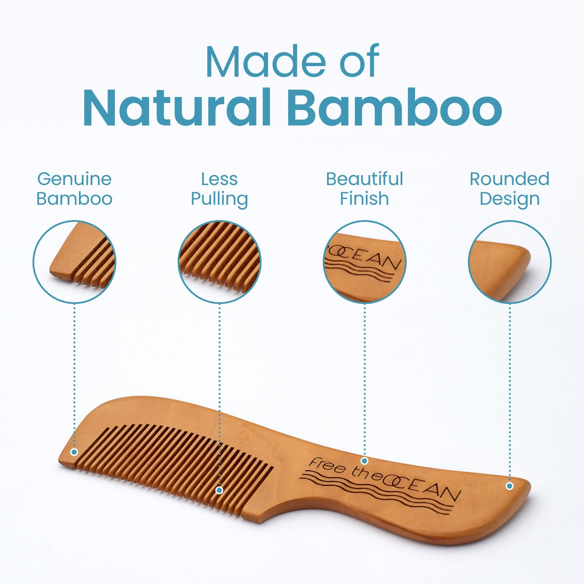 An image showing a bamboo comb with the "Free the OCEAN" logo with four labels explaining its properties: "Genuine Bamboo", "Less Pulling", "Beautiful Finish" and "Rounded Design".