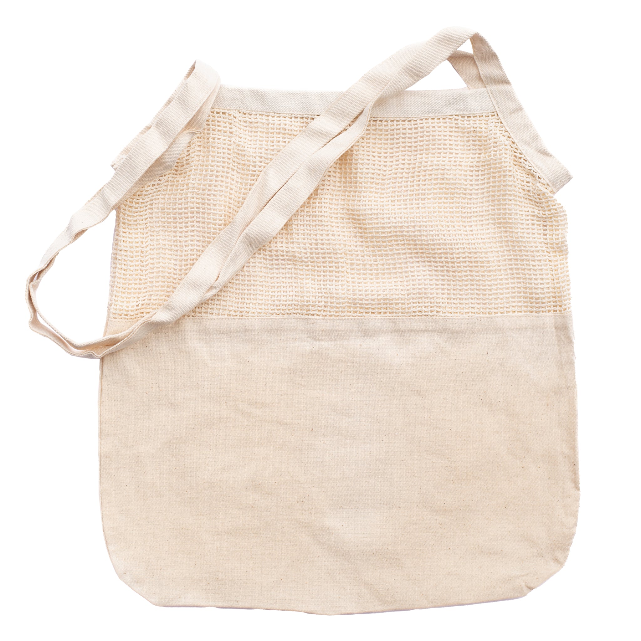 A natural, eco-friendly tote bag with a canvas lower half and a transparent mesh top, perfect for carrying groceries or personal items.
