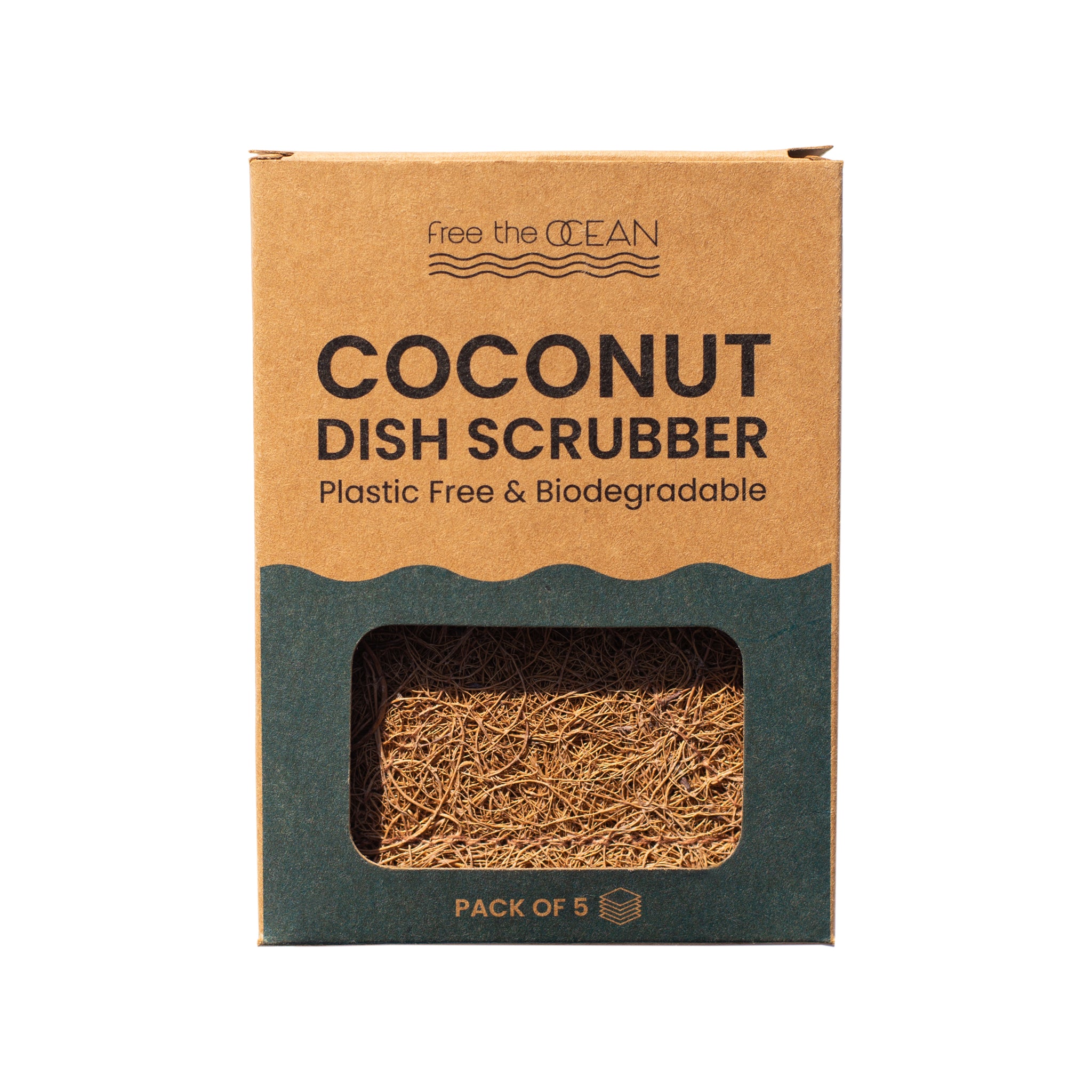 Plastic-free FTO Coconut Dish Scour Pads in branded brown and black cardboard packaging with a clear window showing biodegradable pads inside, displayed on a white background. Eco-friendly and zero waste kitchen scrubbers.