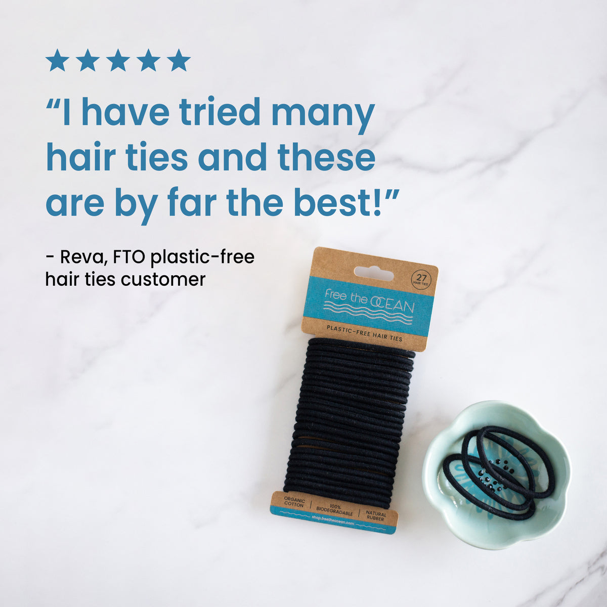Black biodegradable hair ties displayed on a cardboard with a quote overlay saying, "I have tried many hair ties and these are by far my best."