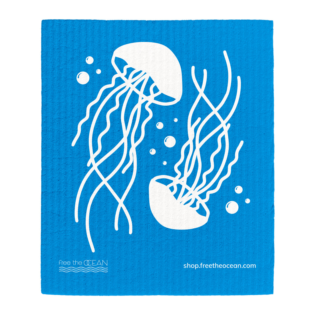 A custom-designed reusable dishcloth featuring ethereal white jellyfish in in a blue bakground sea. This is a biodegradable option for your cleaning needs