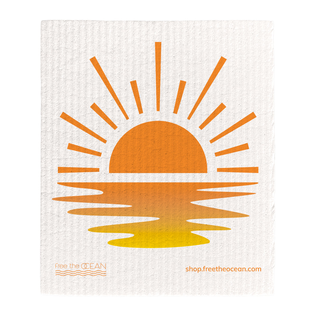 Reusable dishcloth with a custom sunset design, featuring warm orange, yellow, and red hues.