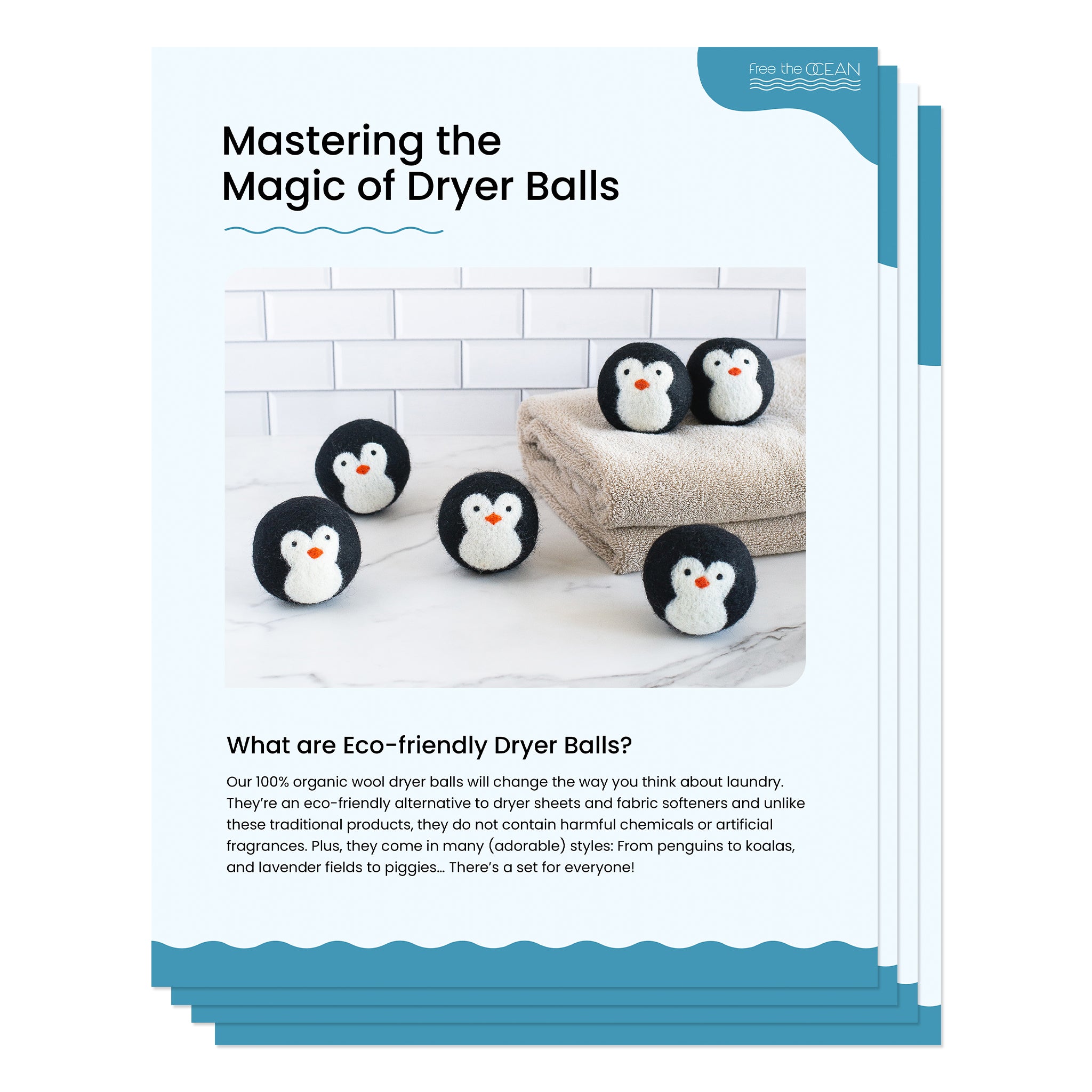 An image titled 'Mastering the Magic of Dryer Balls' shows five wool penguin dryer balls on a beige towel stack. The text describes the product as an eco-friendly alternative to dryer sheets and fabric softeners made from 100% organic wool that are free of harmful chemicals.
