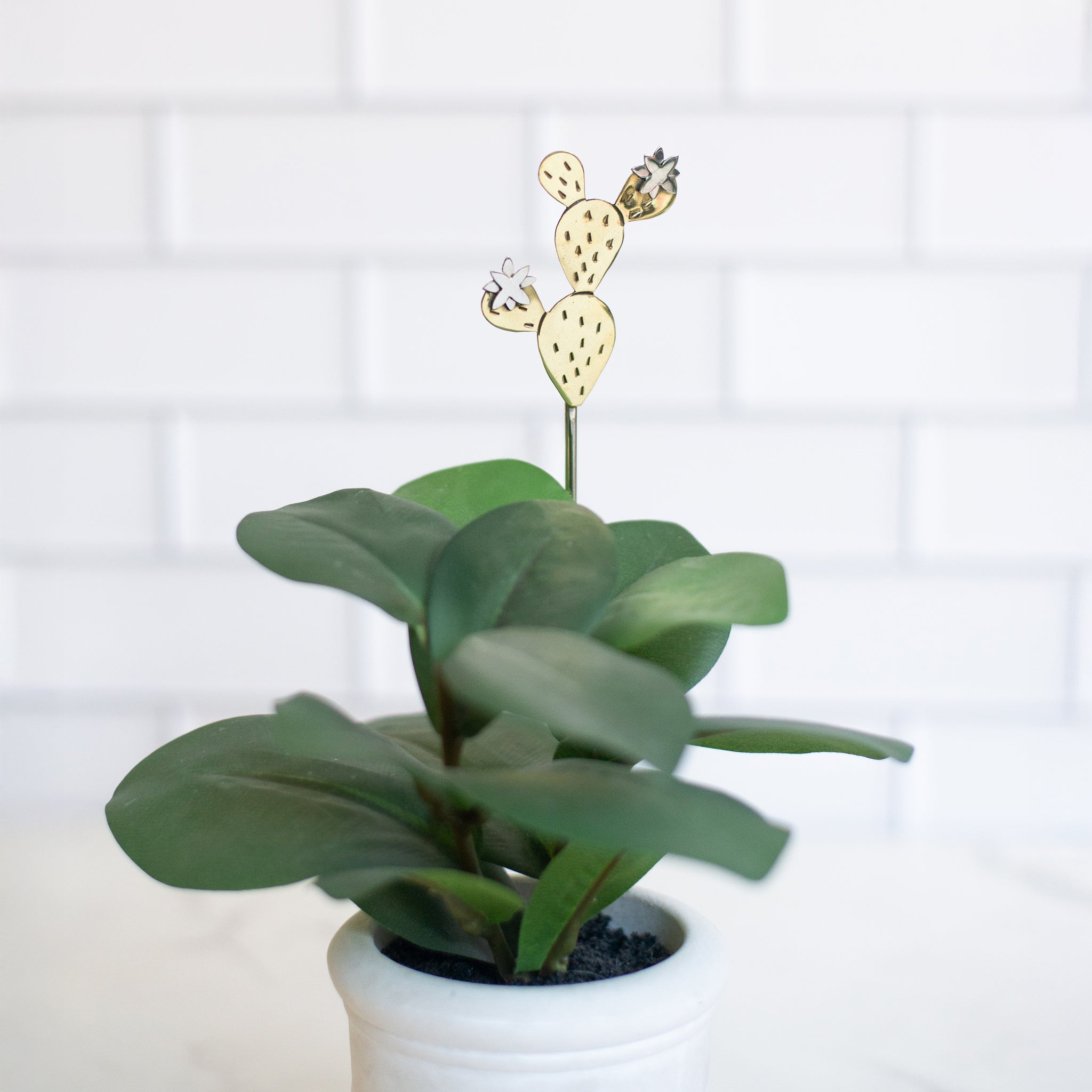 A brass and alpaca silver cactus plant stake adds charm to a potted plant. Handmade by artisans in Cuervo, Mexico—no plastic, all personality.