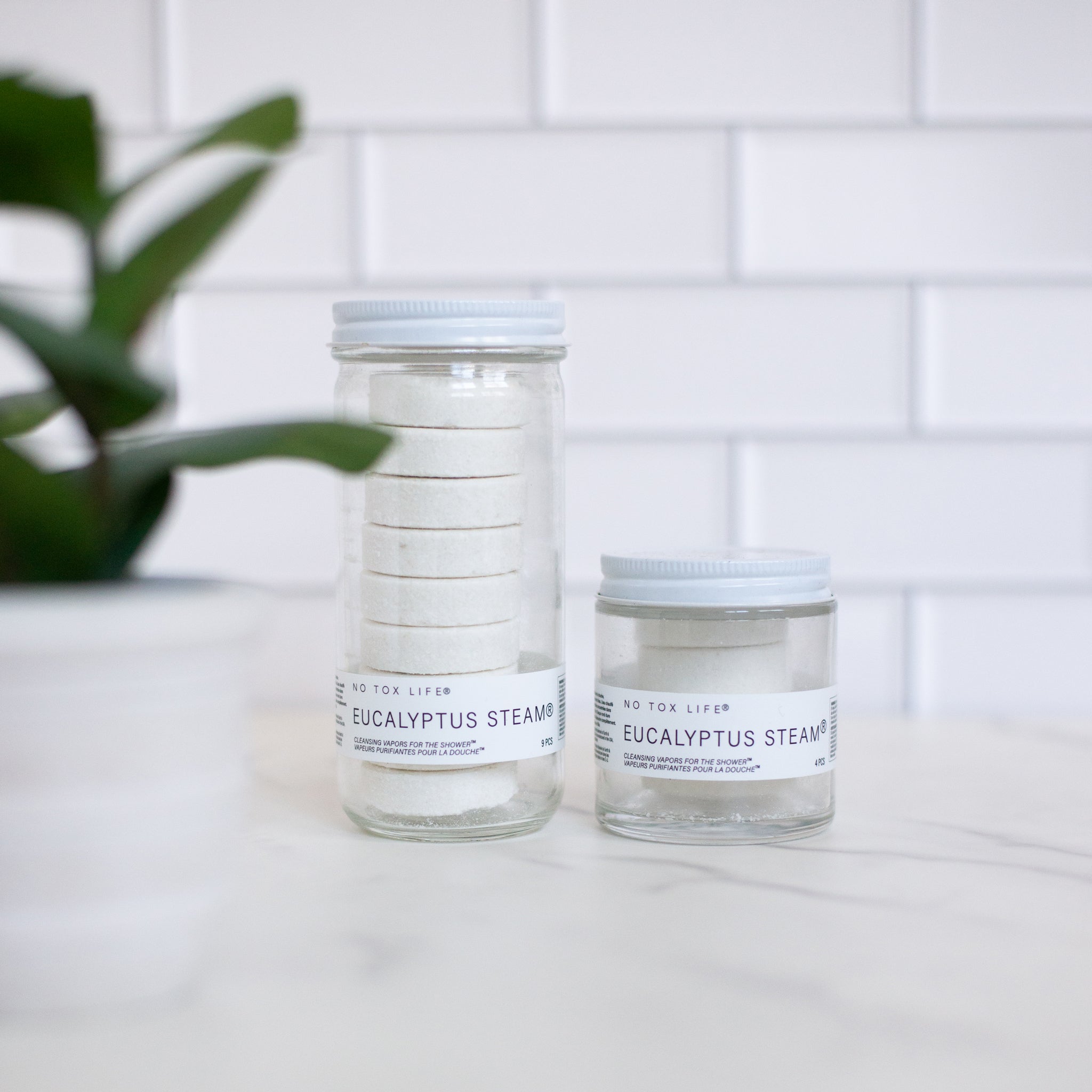 Two sizes of 'No Tox Life' Eucalyptus Steams. One jar is tall and full of round shower steamers. The other jar is short and also contains the round shower steamers.