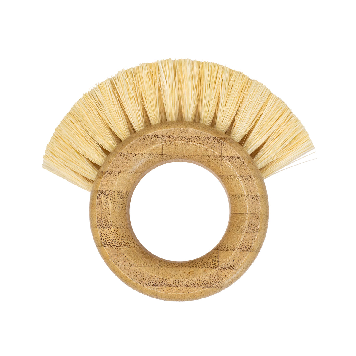 A vegetable brush made of light colored bamboo is shaped like a thick ring. The upper half of the ring is adorned with light blonde bristles that fan out in a semi-circle.