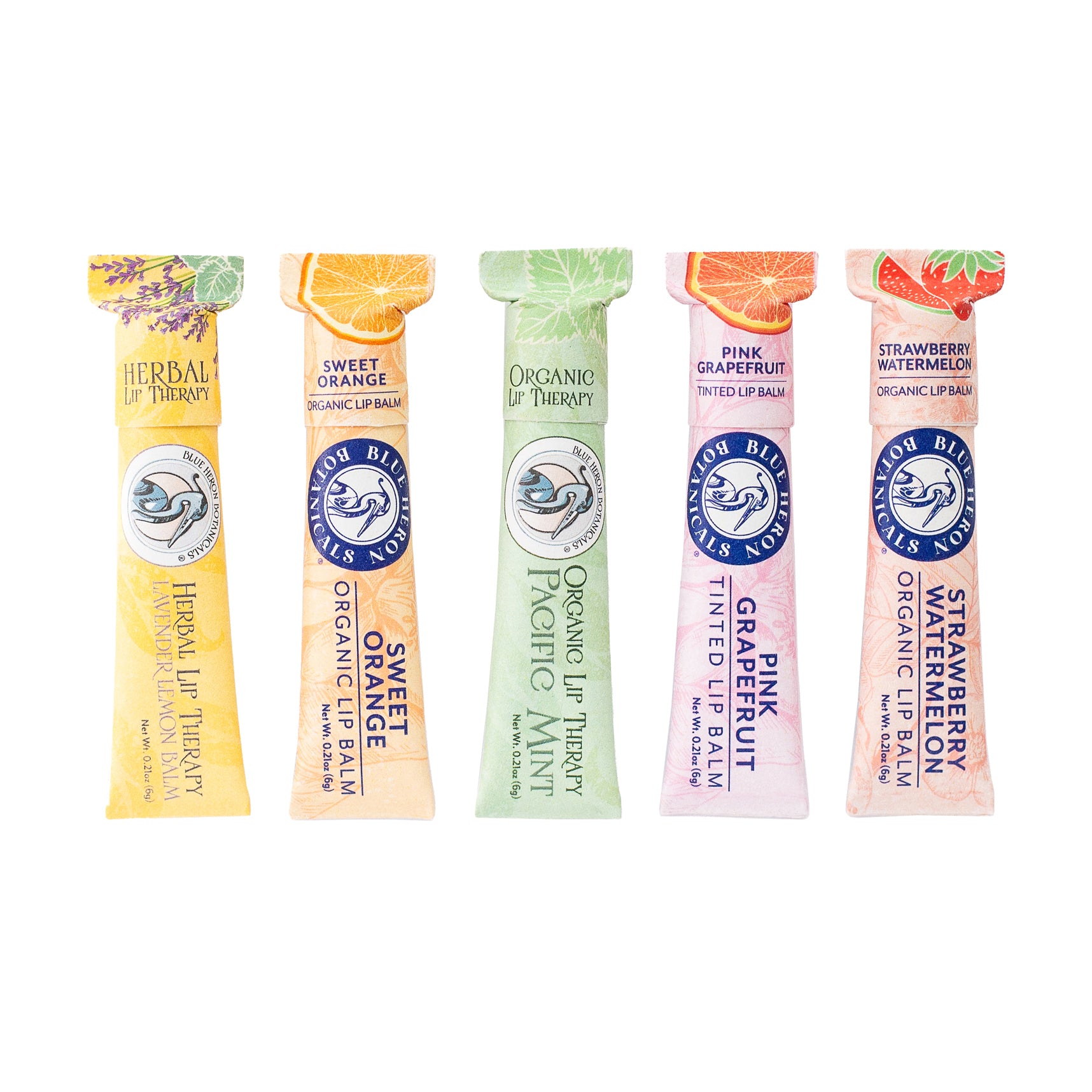 A collection of organic lip therapy balms, including flavors like strawberry watermelon, pink grapefruit, and sweet orange. Handcrafted with nourishing botanical butters and oils in home-compostable tubes.