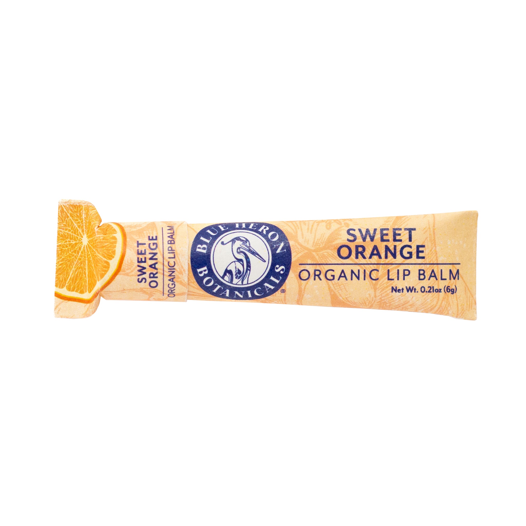 Sweet Orange Lip Therapy Balm featured in a vibrant tube, highlighting its blend of organic oils and emollients for daily lip care.