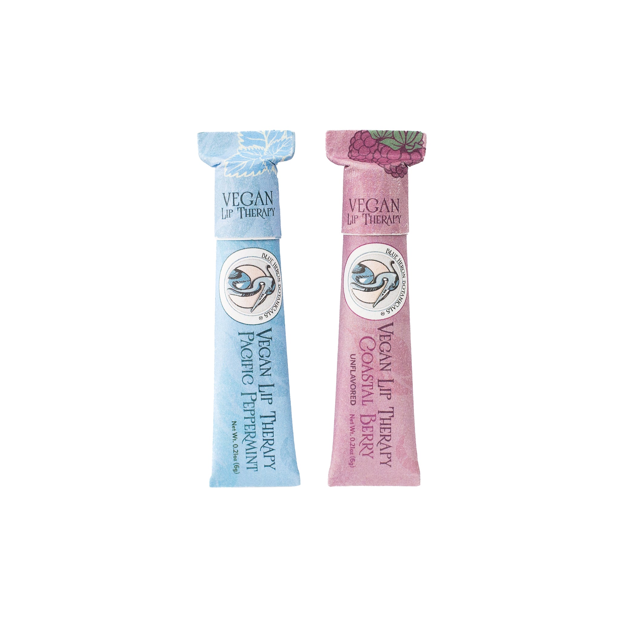 A duo set of Pacific mint and coastal berry vegan Lip Therapy Balms , made with candelilla wax and wrapped in compostable, recycled packaging.
