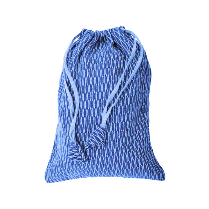 A blue recycled drawstring bag with a white geometric pattern, made from repurposed materials for sustainable, plastic-free storage.
