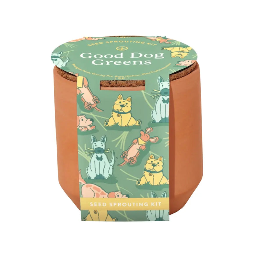 A sealed terracotta pot labeled “Good Dog Greens,” an organic pet grow kit for dogs that includes non-GMO seeds and grow medium.