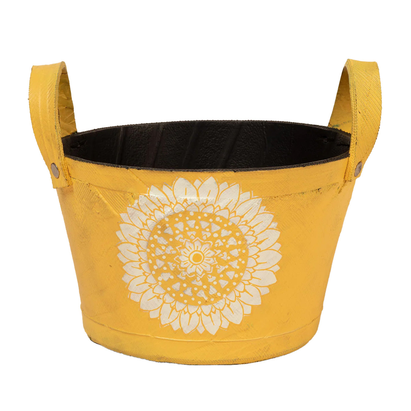 Yellow recycled-rubber planter with a white sunflower centered on the front. Handles on each side and a visible black interior.